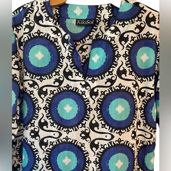 KikiSol Sz S Black Blue Teal Geometric Print Lightweight Long Sleeve Swim Cover - Picture 4 of 7
